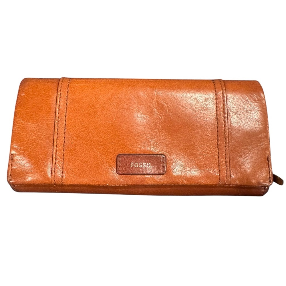 Fossil Orange Leather Zip Clutch Wallet